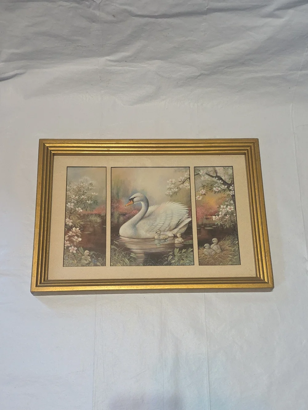 Vintage Triptych Framed Swan Print with Gold Resin Frame Cottagecore 19x14